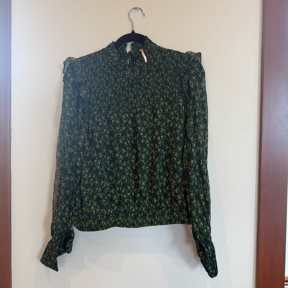 Free People Roma Forest Combo Peasant Blouse Green Floral Top Size Large